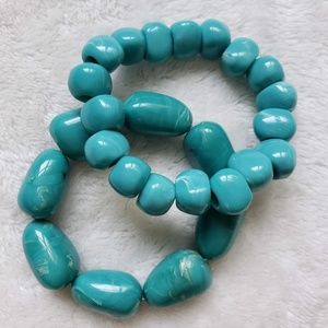 Marbled Teal Stone Elastic Bracelets, Set of Two